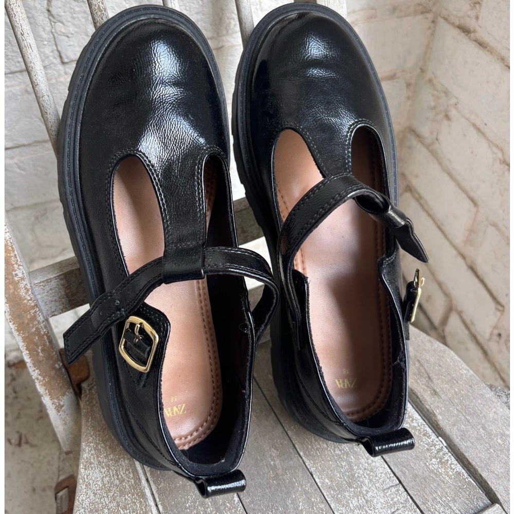 ZARA Black Patent Mary Jane Shoes with Silver Buckle Sz 38/ 8 - Picture 6 of 8